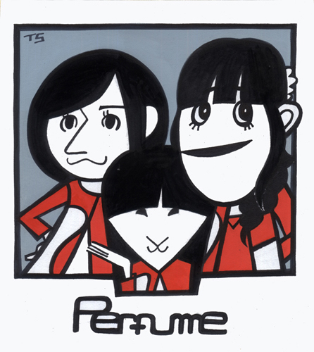 日本の女性3人組テクノポップユニットであるPerfume（パフューム）の似顔絵イラスト。西脇綾香, 大本彩乃, 樫野有香